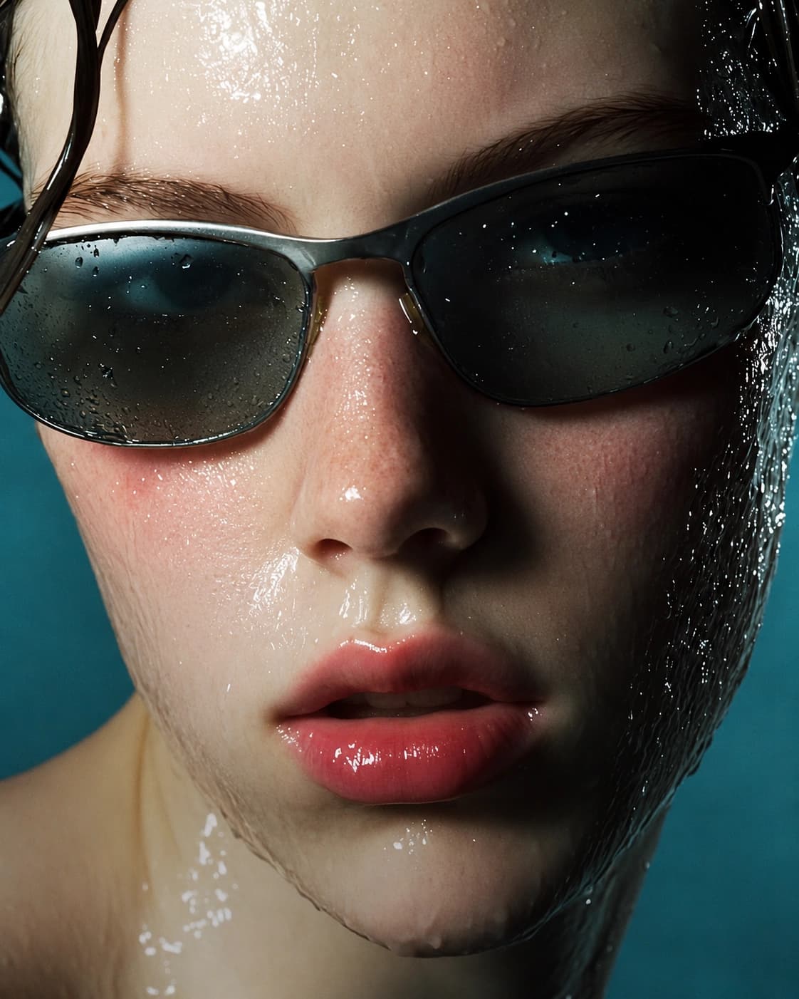 Close-up beauty portrait shot through streaming water, sunglasses beaded with droplets.