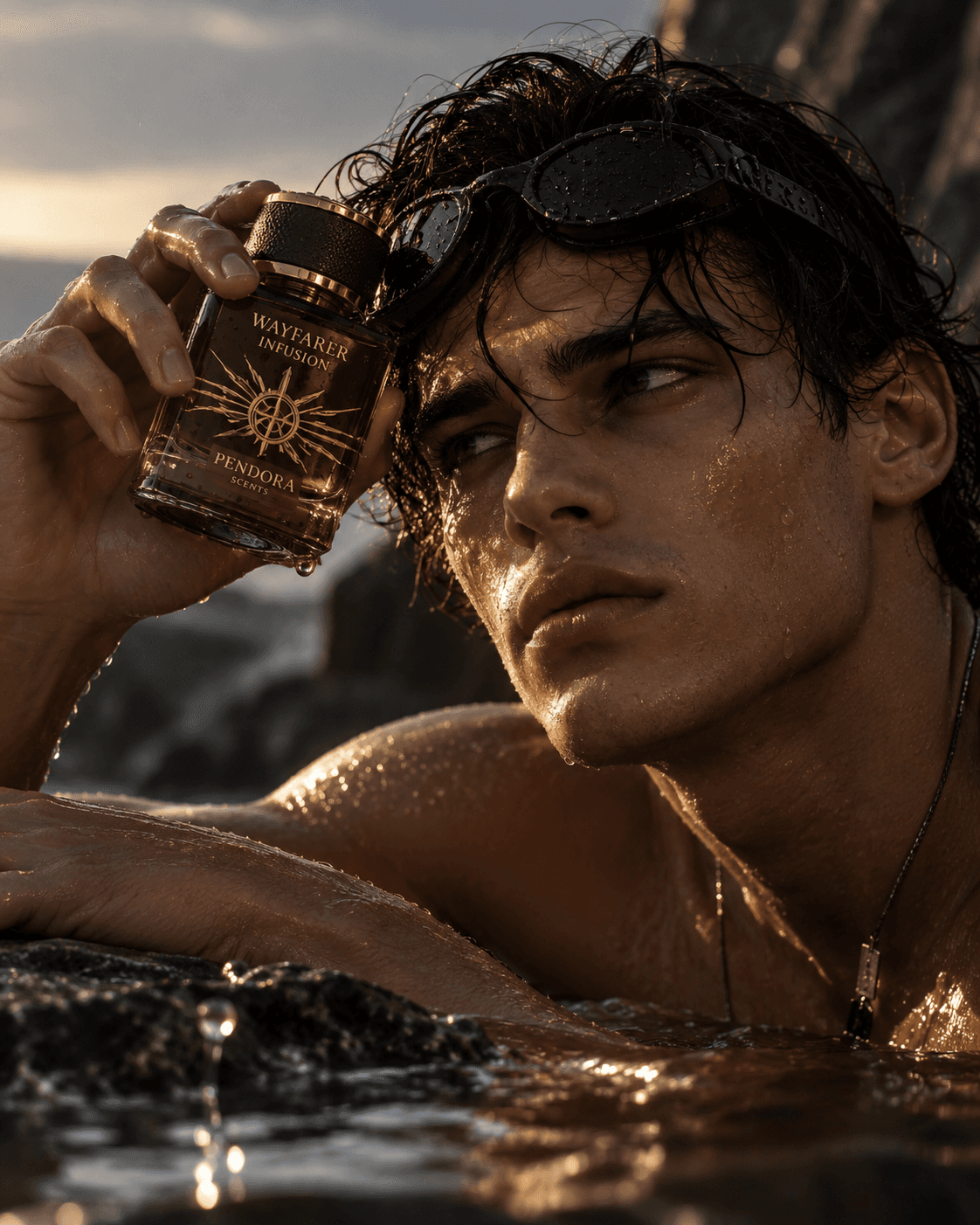 Fragrance campaign still: a Pendora Scents Wayfarer Infusion bottle held to the temple, half-submerged at dusk.