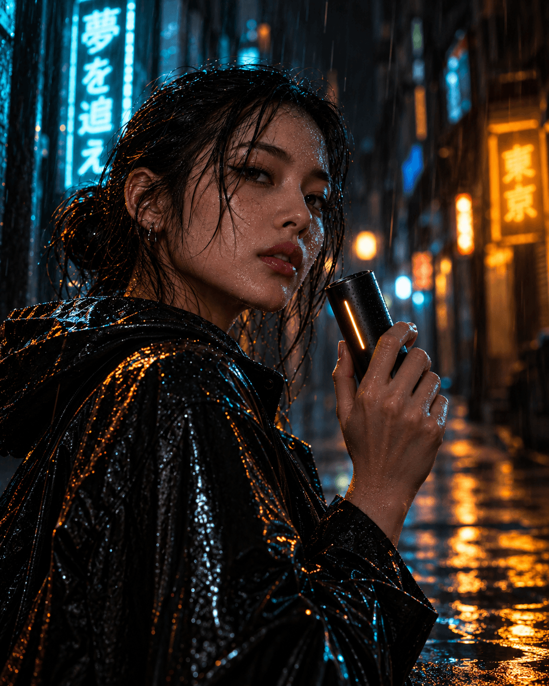 Product still in a rain-soaked Tokyo alley at night, a dark cylindrical bottle held to camera under neon.