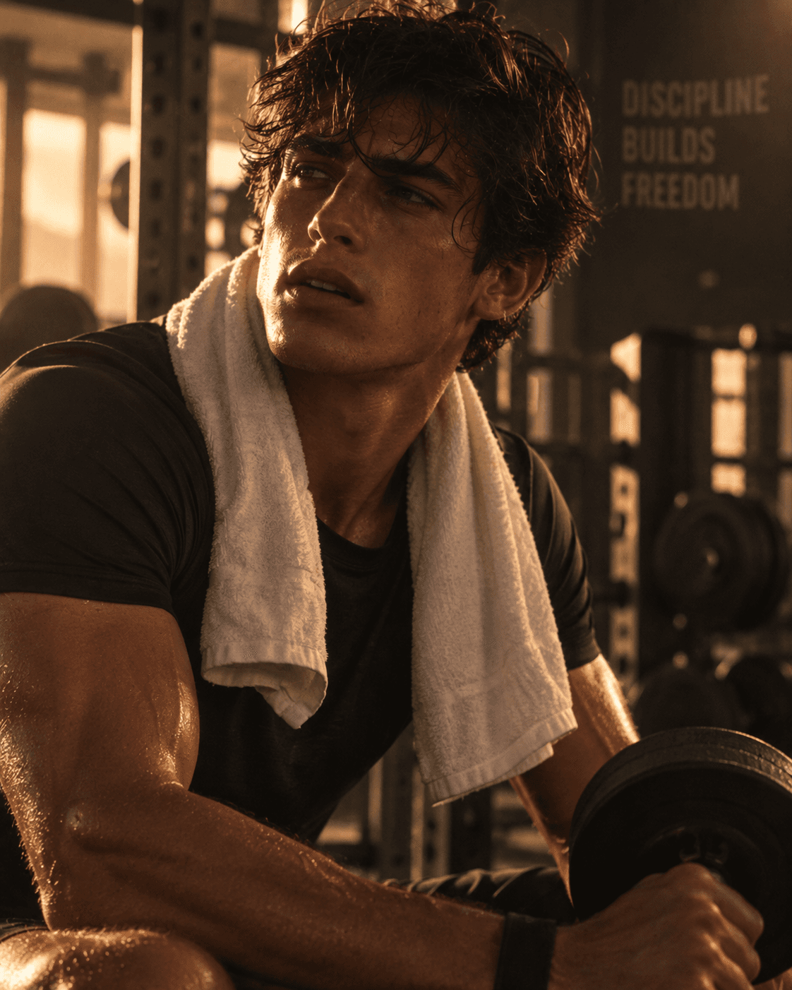Fitness campaign still: an athlete resting between sets in low gym light, towel round the neck, “Discipline builds freedom” on the wall behind.