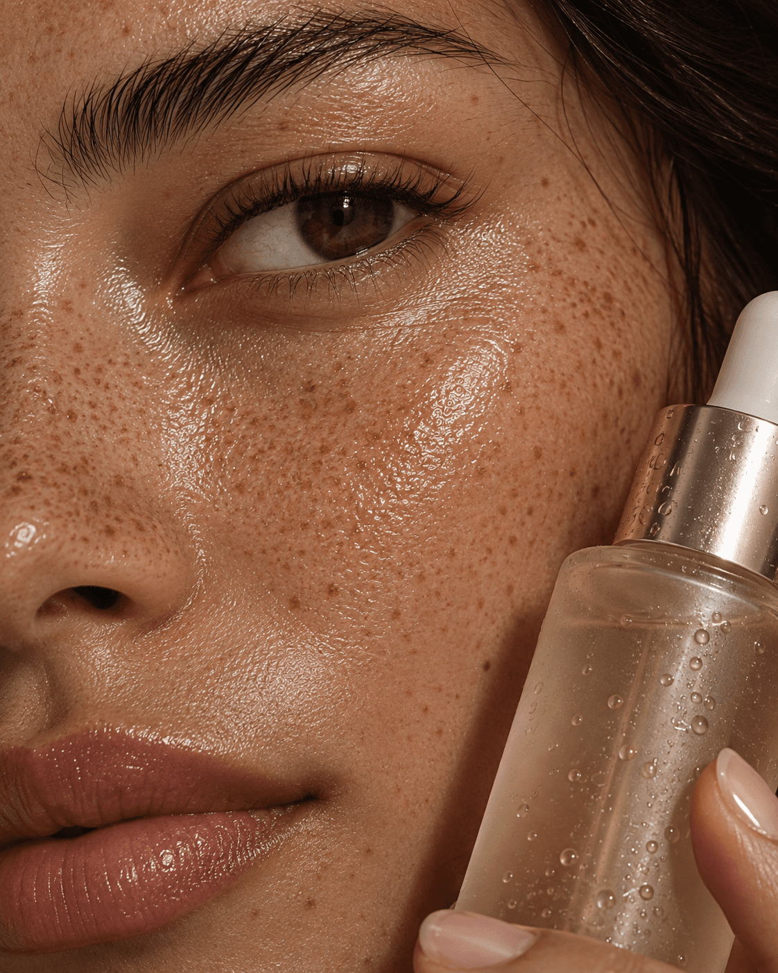 Skincare campaign still: a glass dropper bottle held to a freckled cheek, close enough to read the texture of the skin.