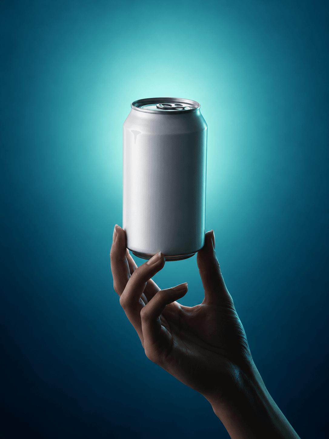 Drinks packaging mockup: an unbranded aluminium can held up against a lit teal backdrop.