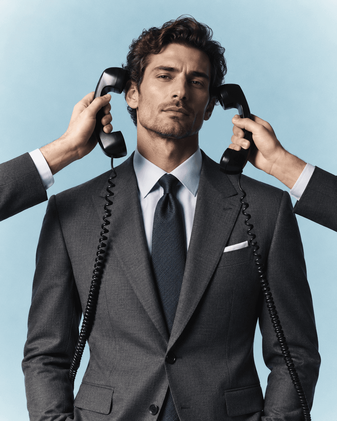 Tailoring campaign still: a grey suit against pale blue, with two disembodied arms holding telephone handsets to the model's ears.