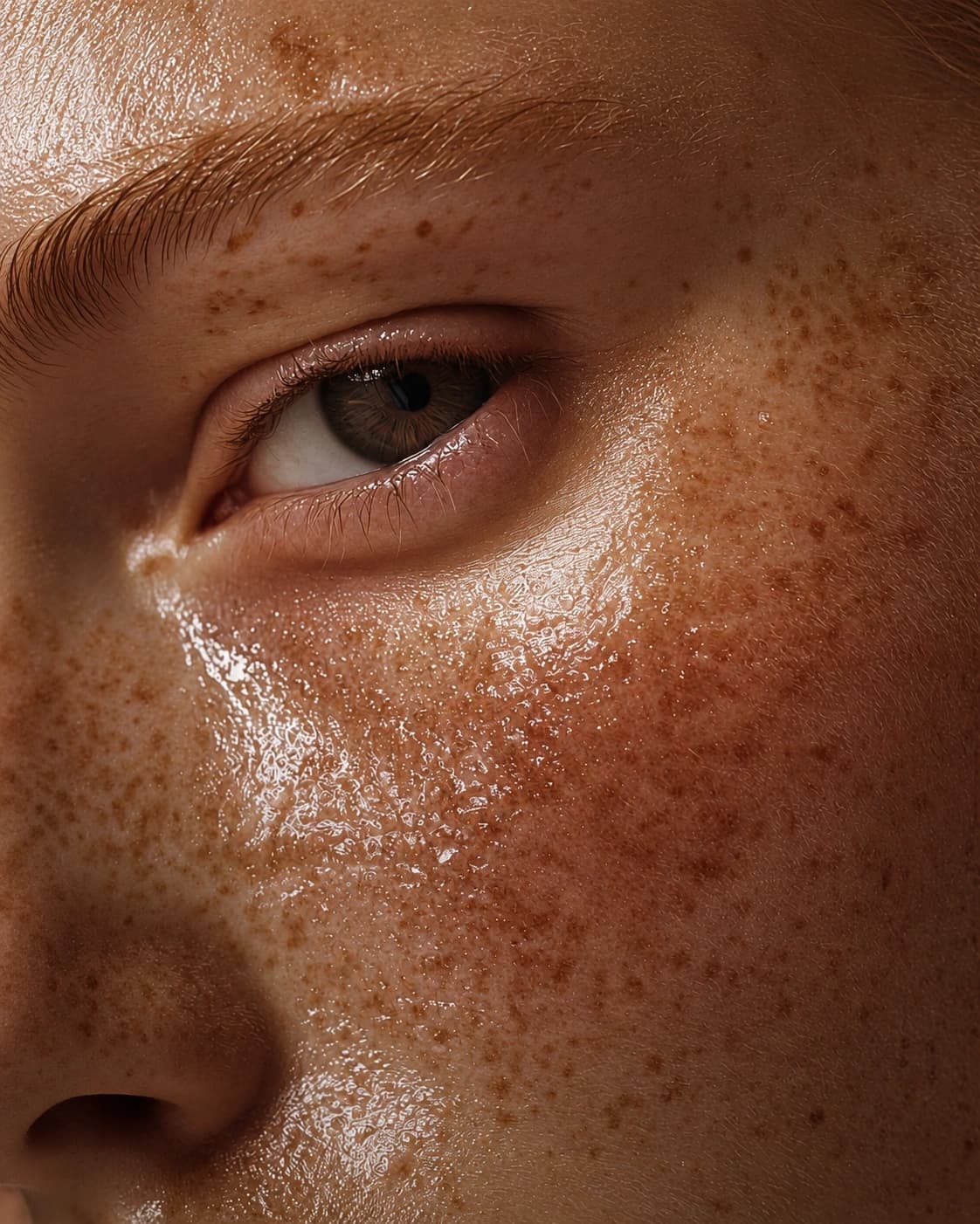 Extreme close-up of freckled skin, wet and lit from the side.