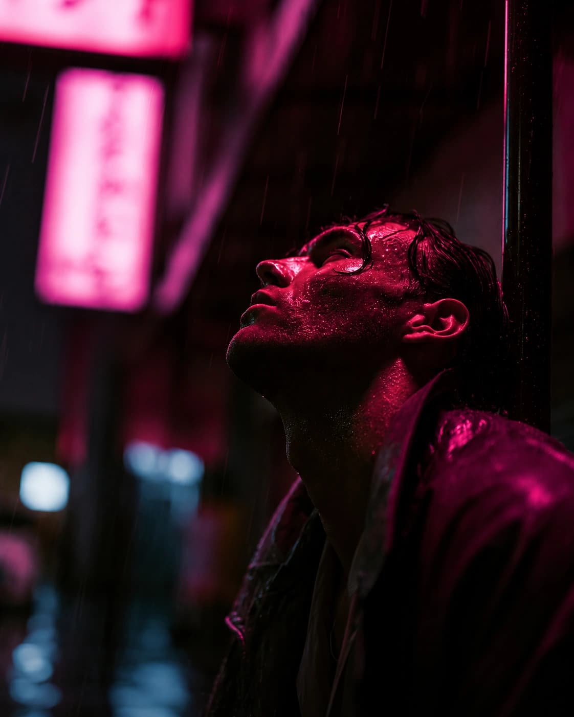 Portrait lit by pink neon on a rain-soaked street at night.