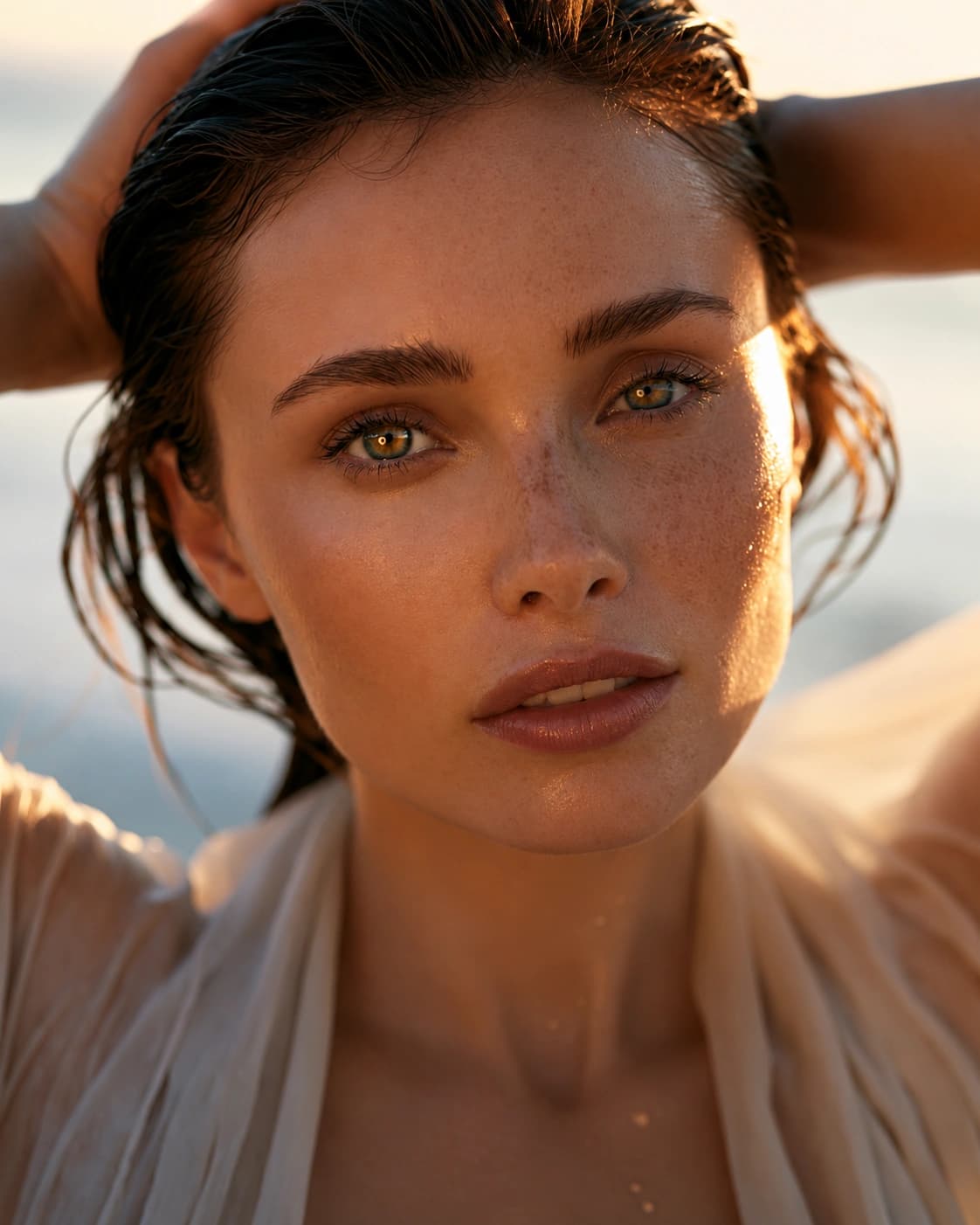 Sunlit portrait at golden hour, hands drawing back wet hair.
