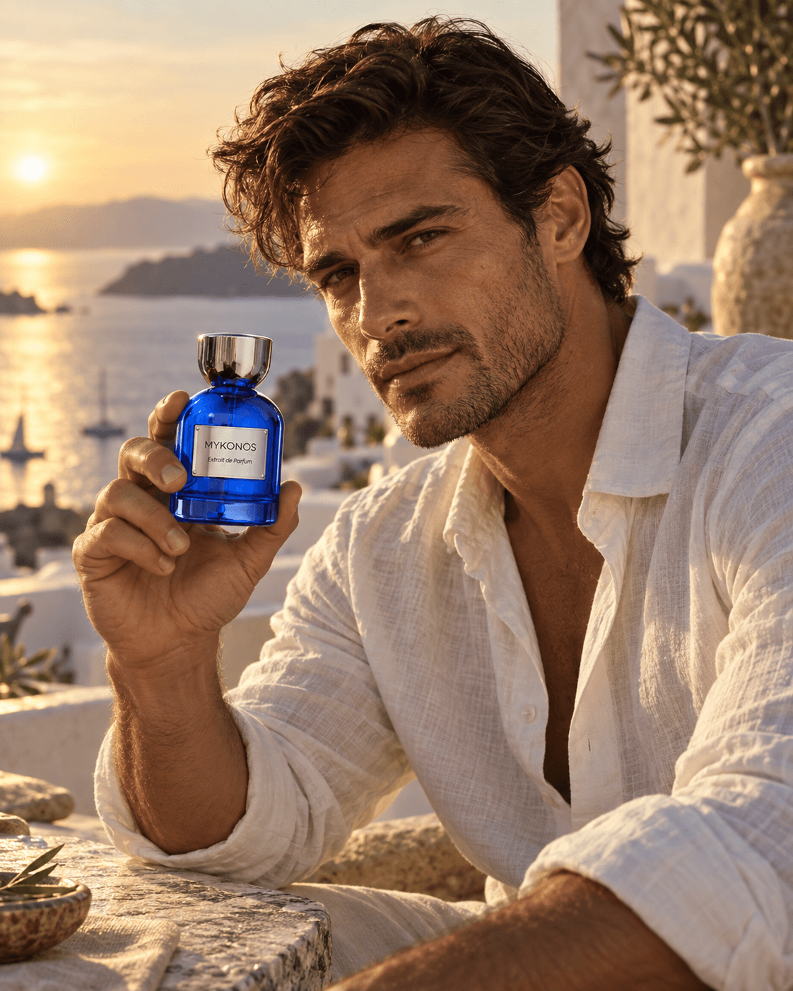 Fragrance campaign still: a blue Mykonos extrait de parfum held to camera above a Greek island bay at sunset.
