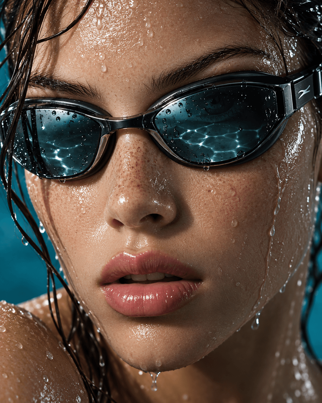 Close-up of a swimmer's face behind water-beaded goggles, pool light caught in the lenses.